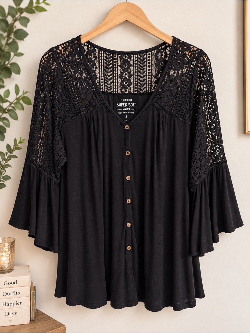 Torrid Super Soft Black Lace Bell Sleeve Button Front Top Plus Size 2 2x